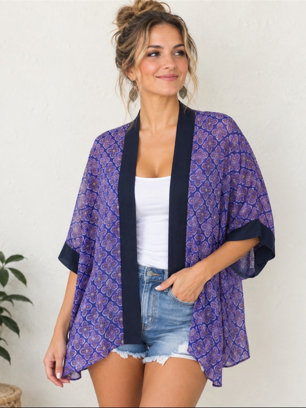 Sans Souci Purple Celtic Print Sheer Open-Front 3/4 Sleeve Kimono Cardigan‎ XS